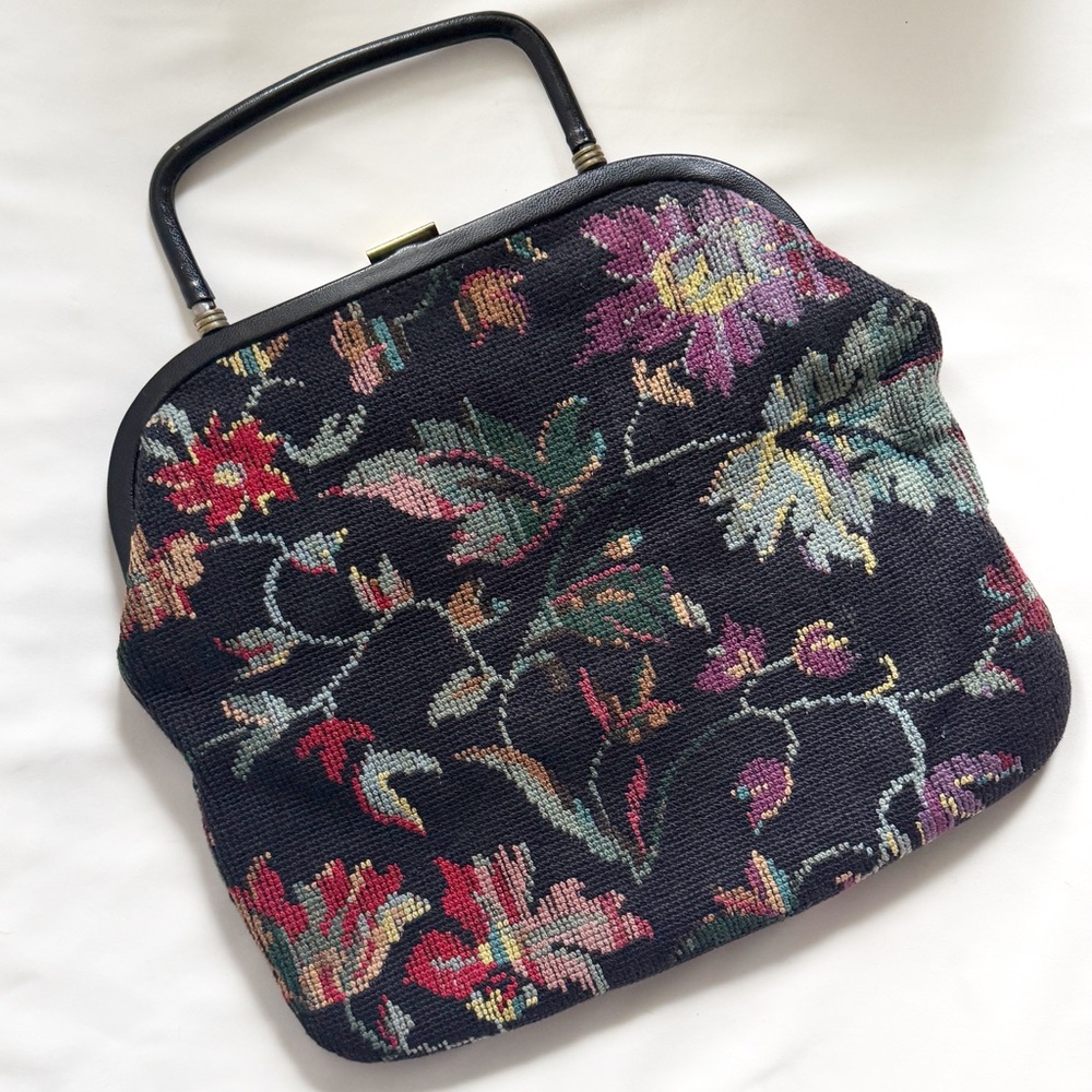 Vintage Colorful Floral Needlepoint Tapestry Black Handbag